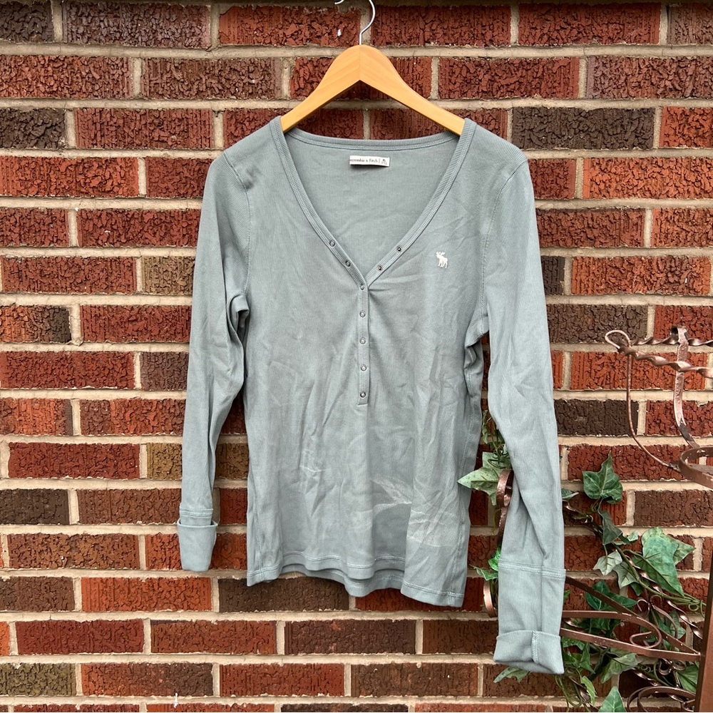 Abercrombie & Fitch Sage Green Ribbed Button V Neck Long Sleeve Top